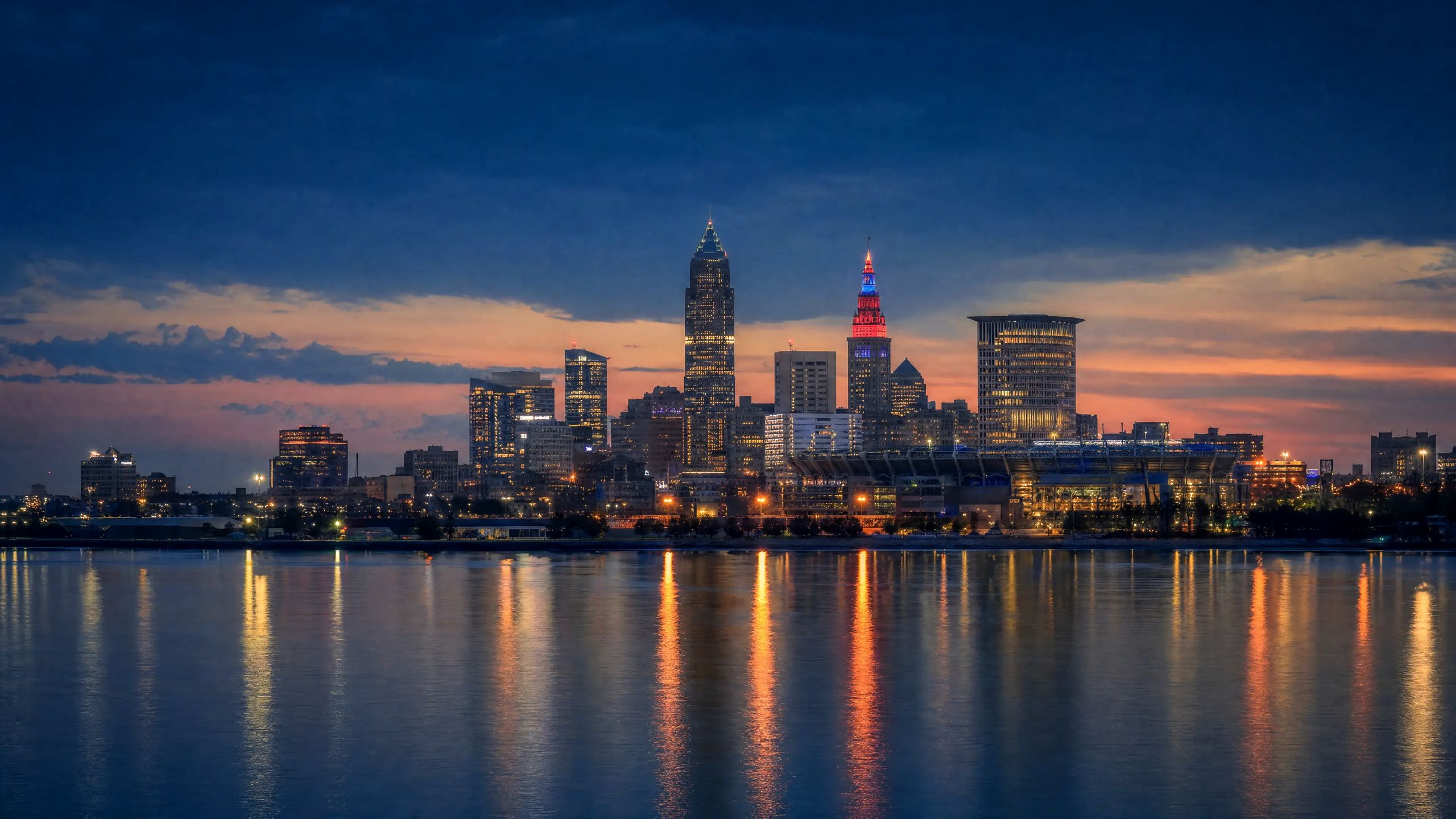 Cleveland, Ohio — skyline across Lake Erie at dusk