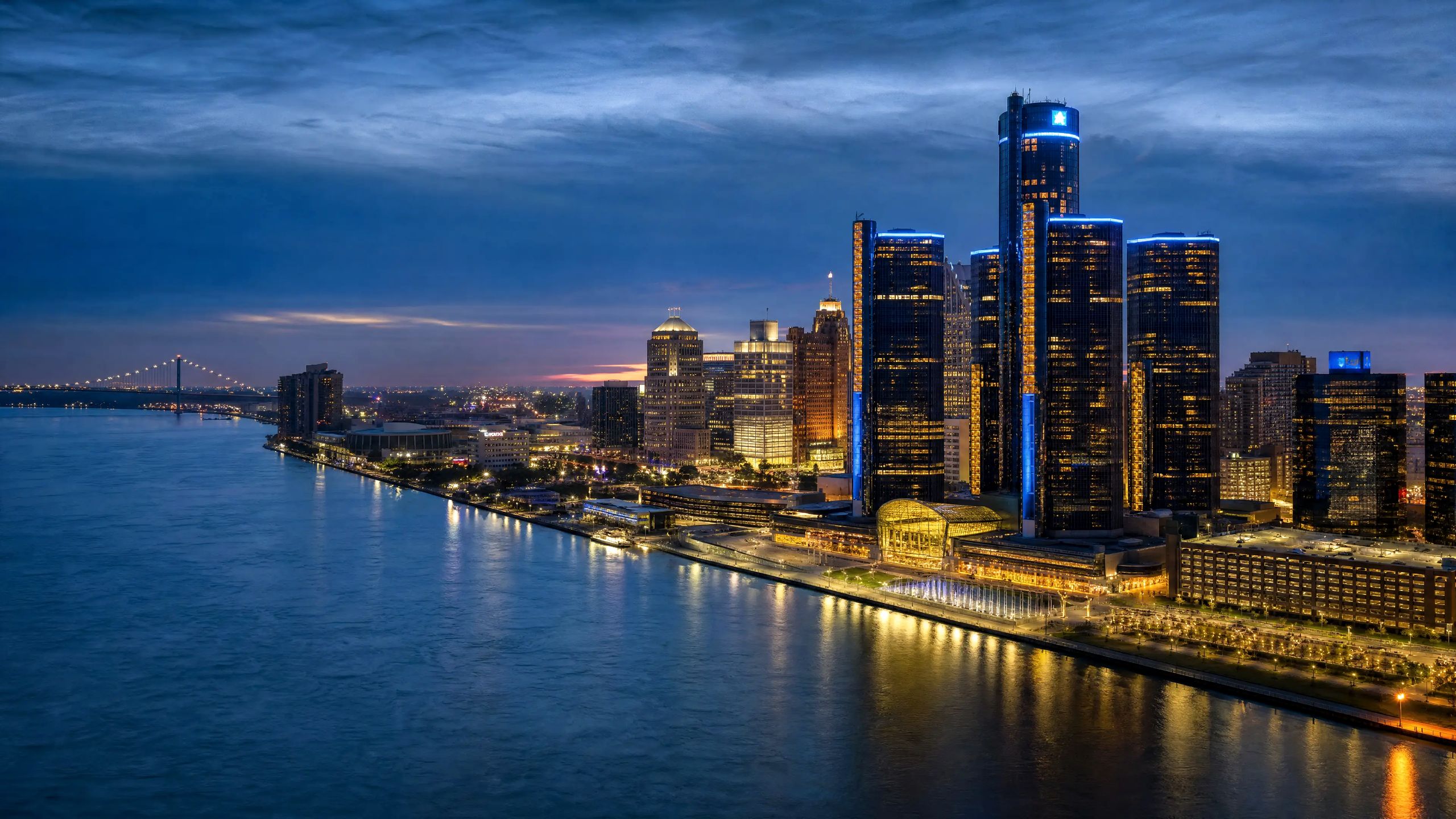 Detroit, Michigan — skyline across the Detroit River at dusk