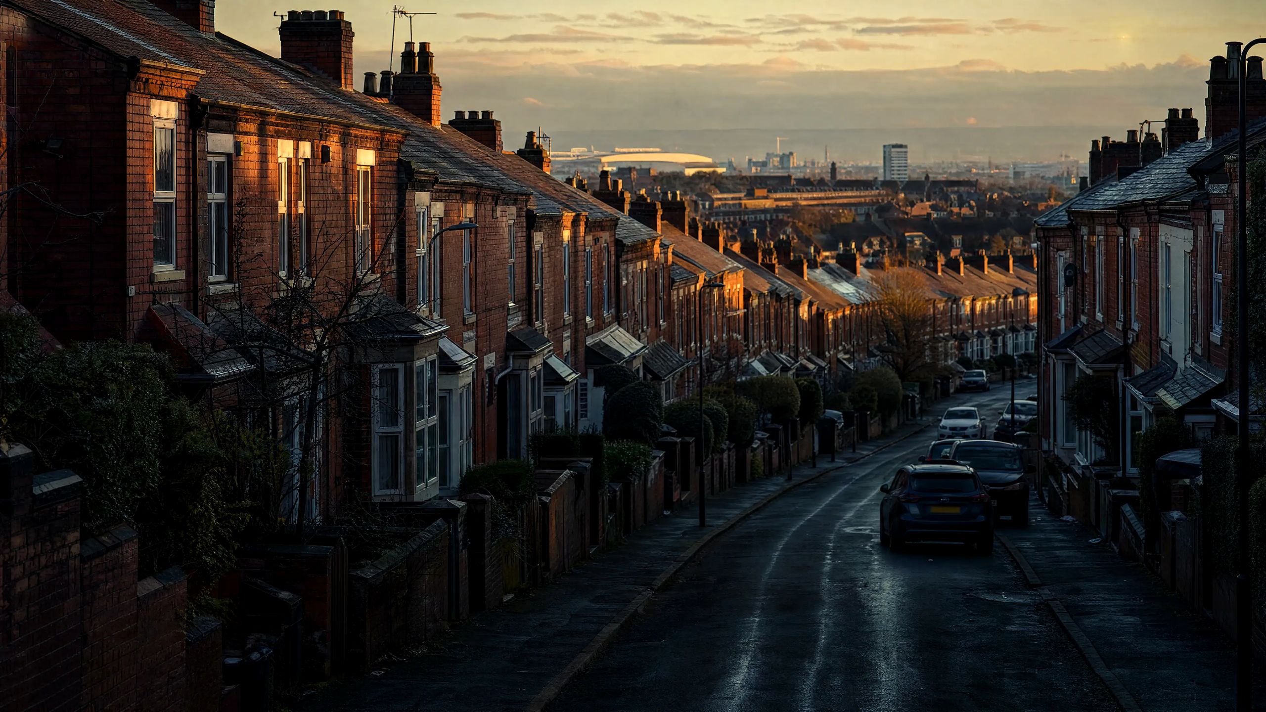 United Kingdom — northern terraced housing at dusk