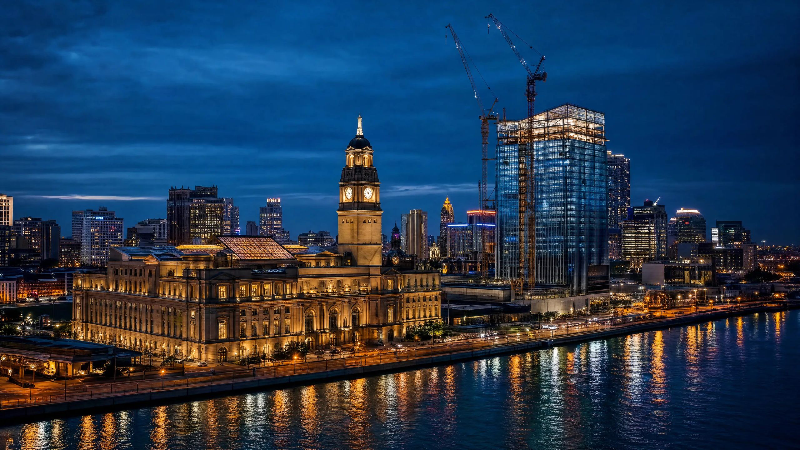 Restored Michigan Central station beside a new tower at dusk