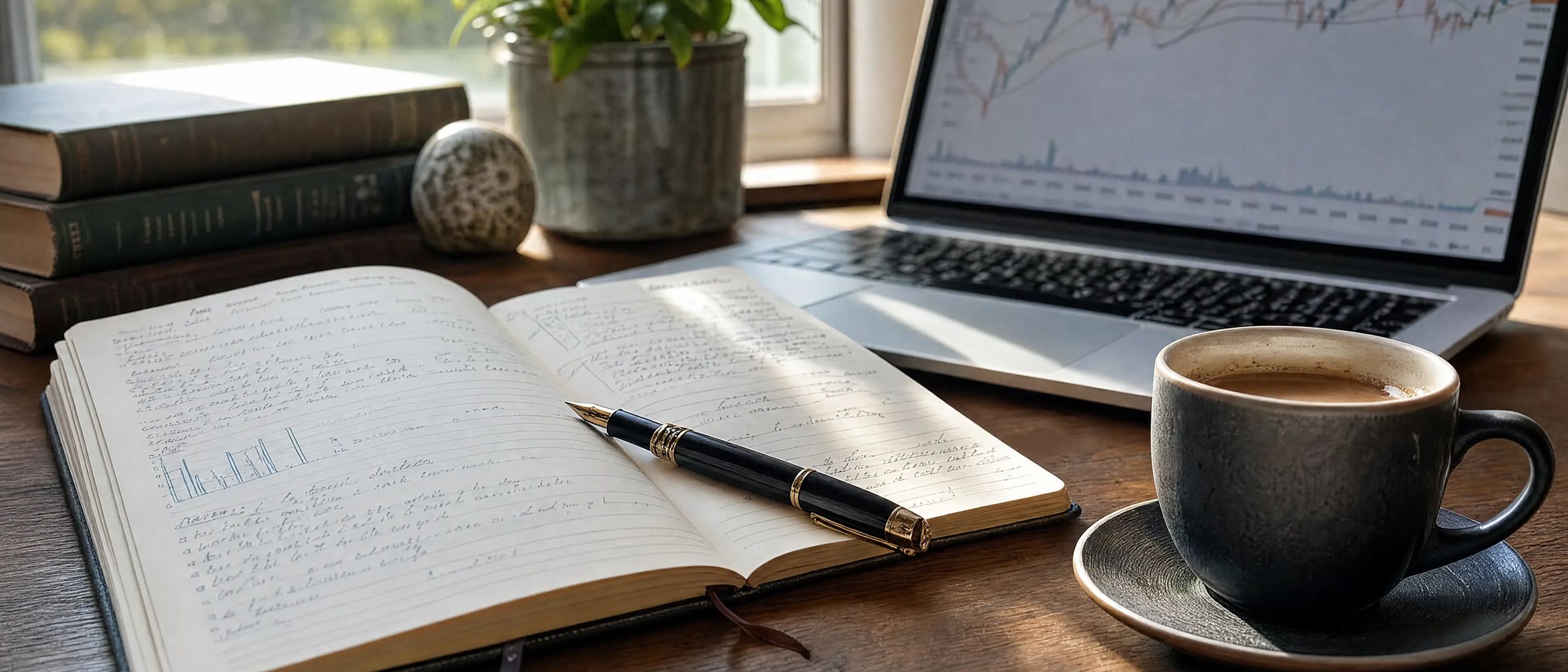 Ein offenes Notizbuch mit Marktnotizen neben Laptop und Kaffee