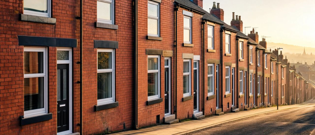 A renovated row of terraced houses in the North East of England in morning light